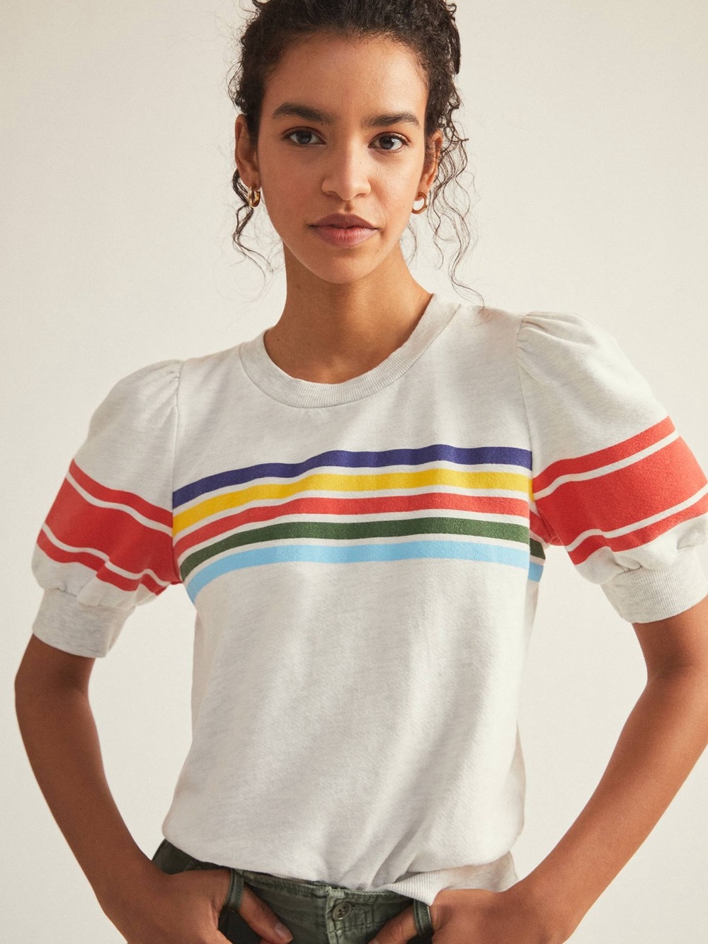 T.La Retro Strip Puff-Sleeve Pullover Sweatshirt Small Anthropologie Worn on TV